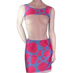 Simpłe NWT Spandex Pink +Blue Pebble Print CropTop + Mini Skirt Festival Y2K S